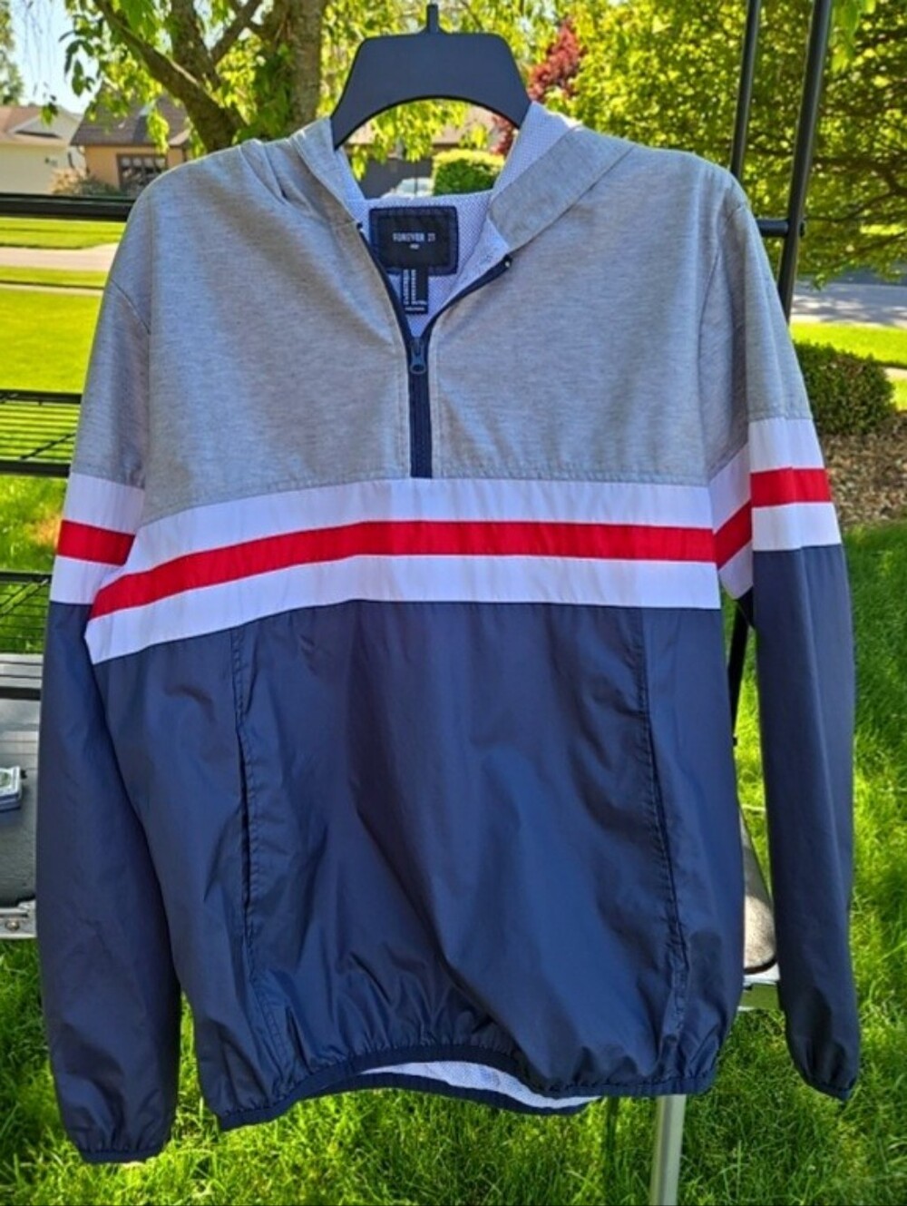 Forever 21 Grey, Navy & Red Stripe Half-Zip Pullover